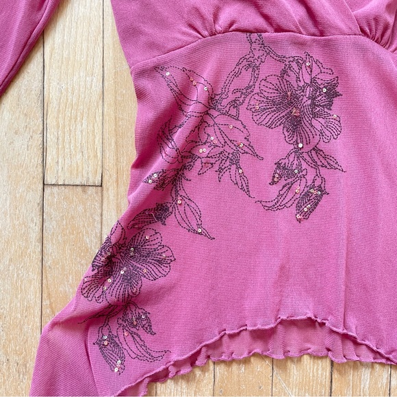 Y2K Fairy Miss Tee Rose Pink Mesh Surplice Floral Sequin Detail Flowy Top Medium - Picture 3 of 5
